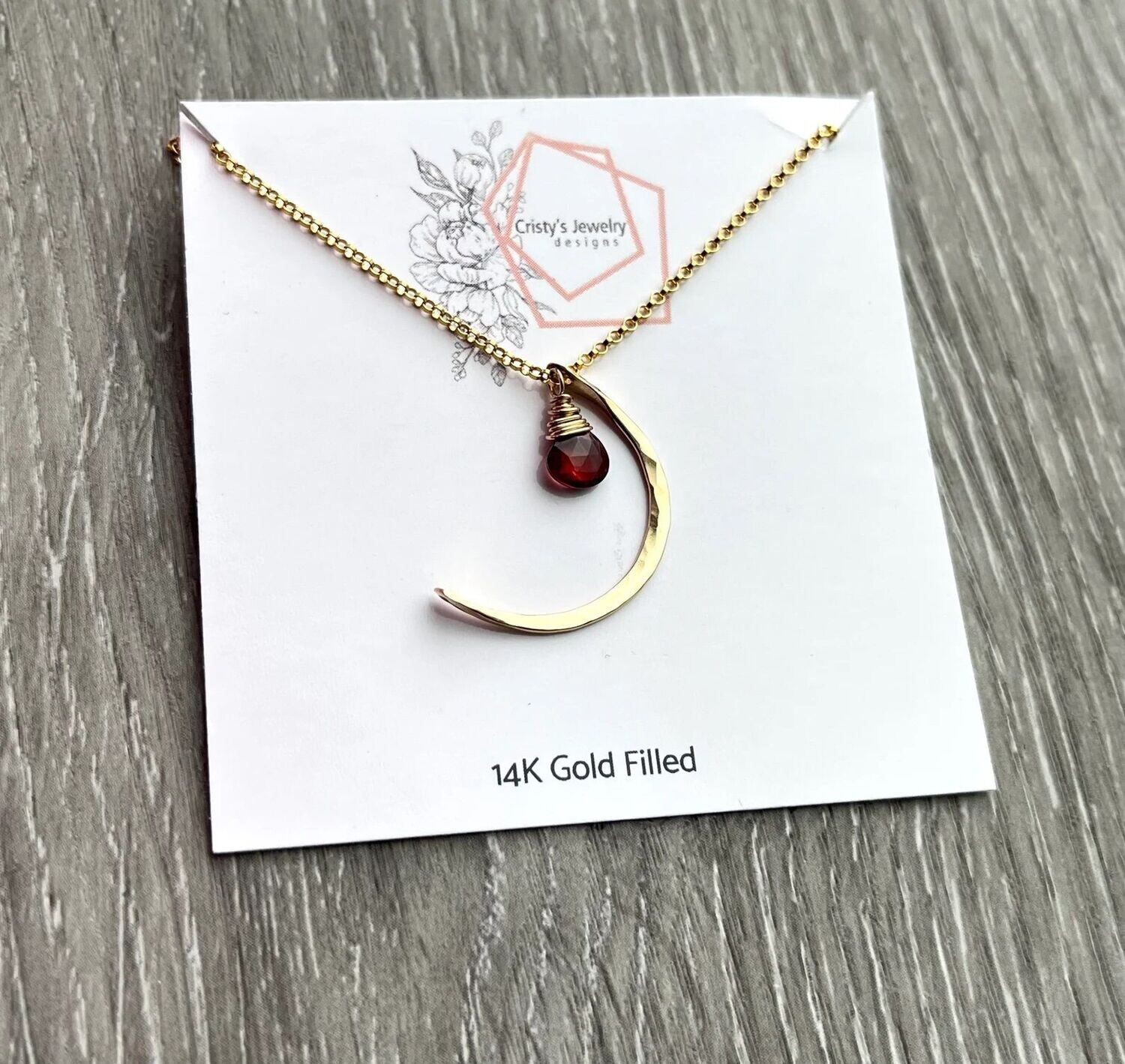 14K Gold Fill Garnet Crescent Moon Necklace