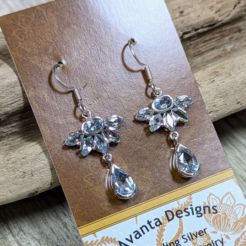 Sterling Silver Flower Teardrop Topaz Earrings