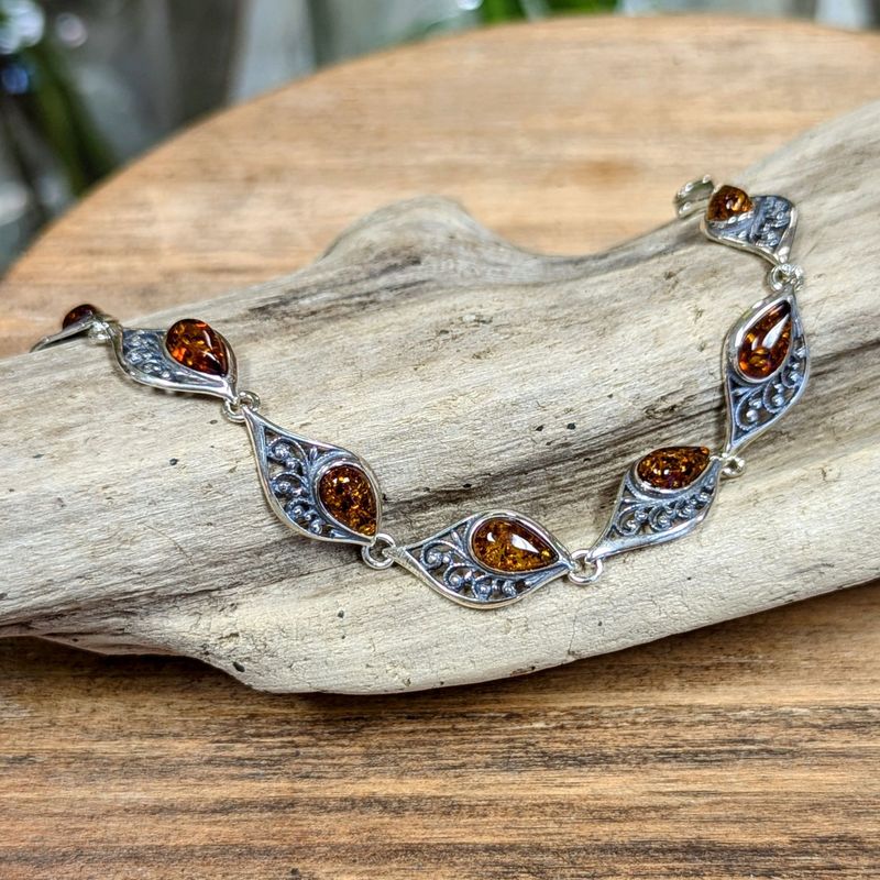 Sterling Silver Amber Filigree Bracelet