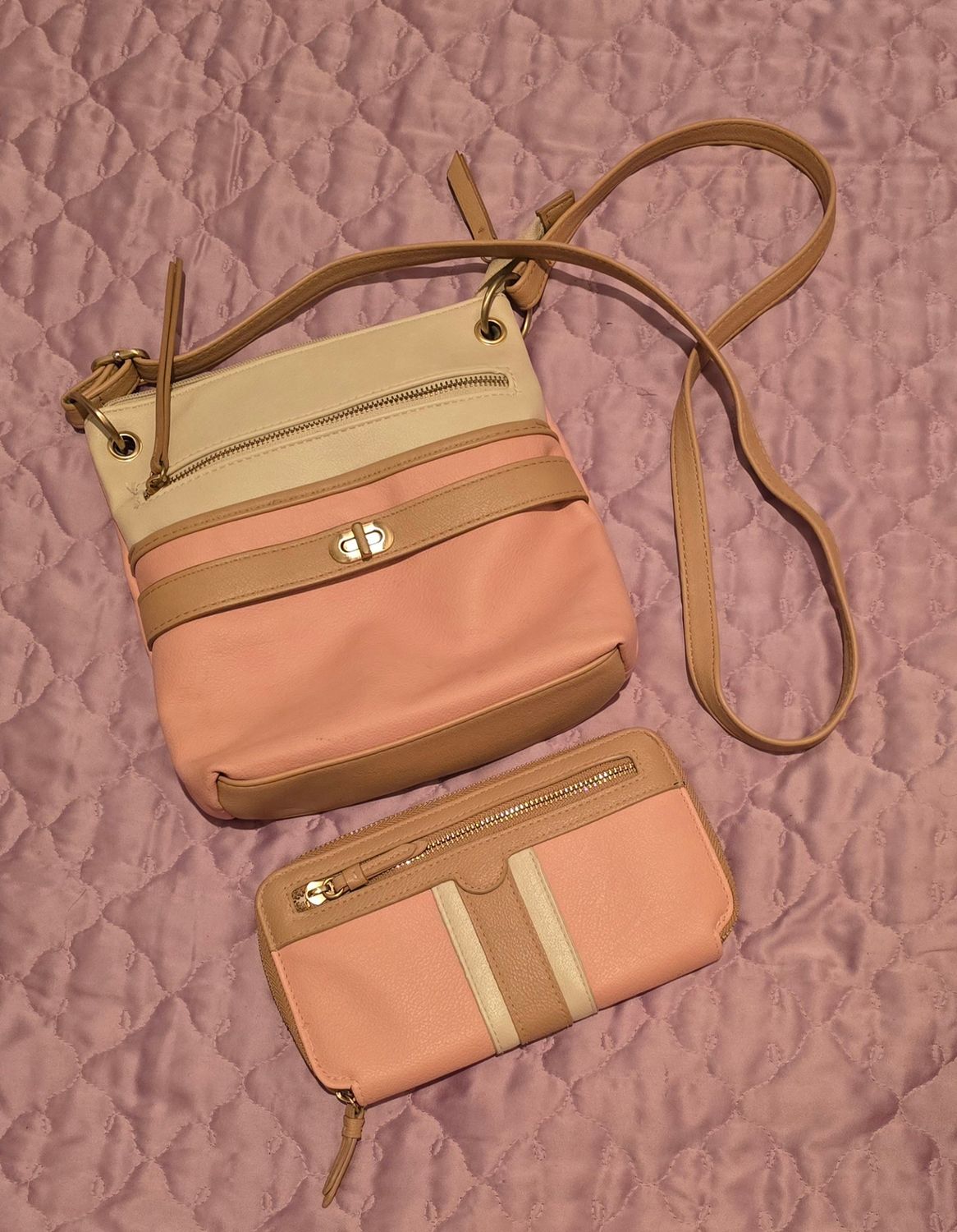 Pink and Tan Bag with Matching Wallet