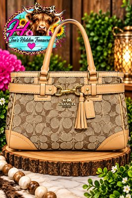 Coach Hamptons signature jacquard and tan leather belted handbag