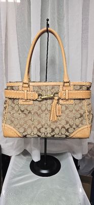 Coach Hamptons signature jacquard and tan leather belted handbag