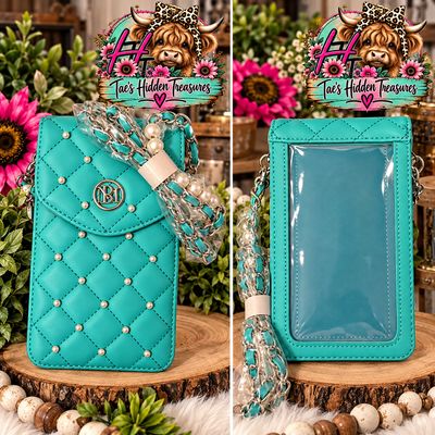 Badgley Mischka teal-green diamond-quilted crossbody phone case