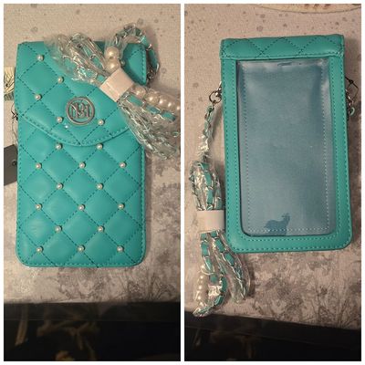 Badgley Mischka teal-green diamond-quilted crossbody phone case