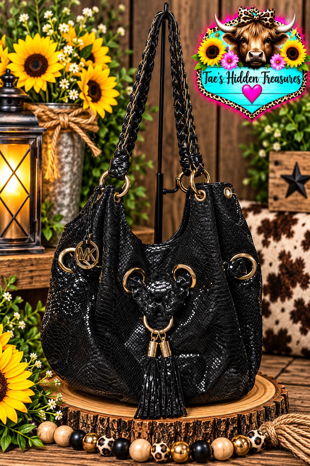 Michael Kors black leather and python-embossed hobo