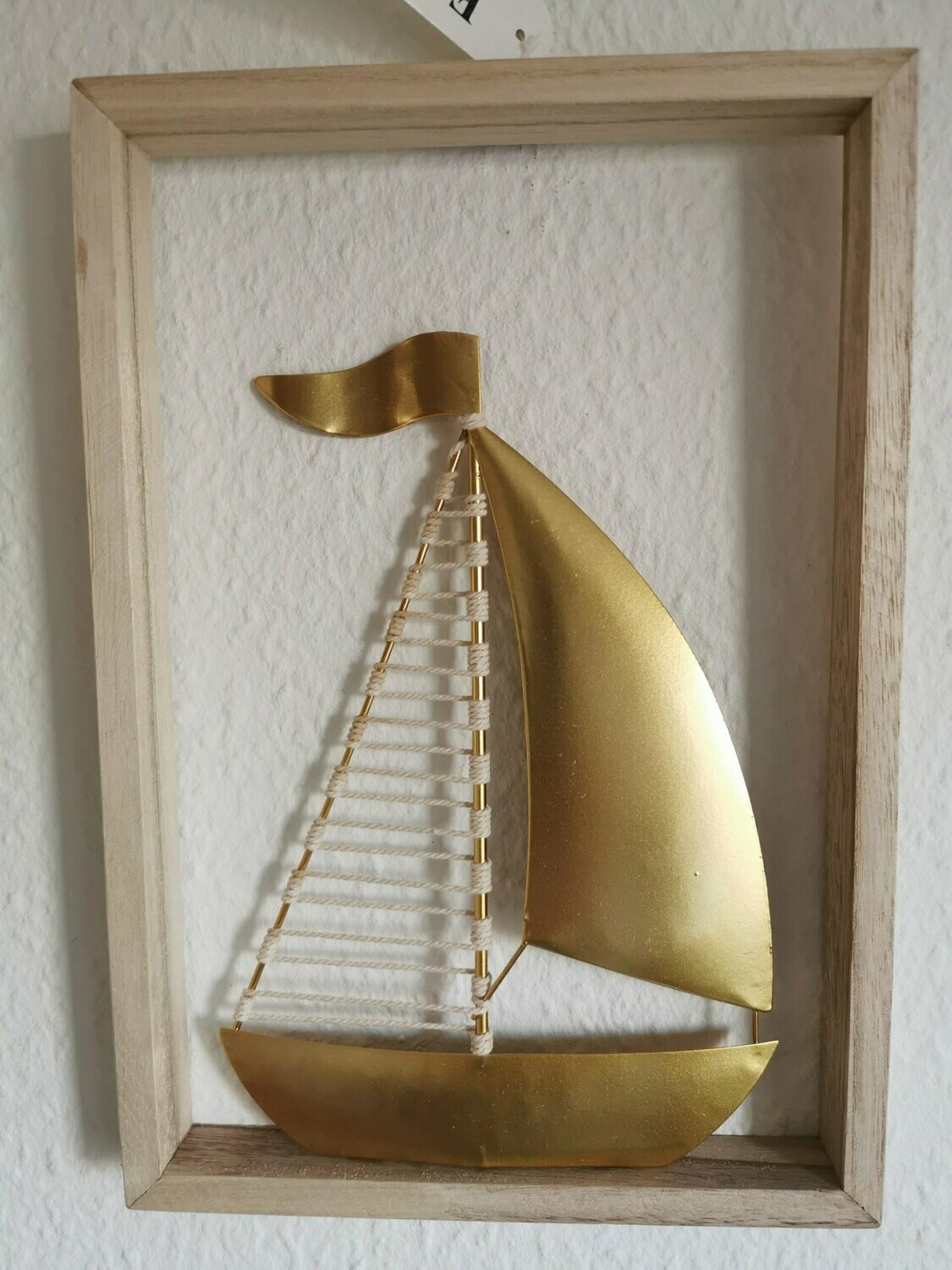 Holz Bild mit Metallschiff Weiß Goldfarben