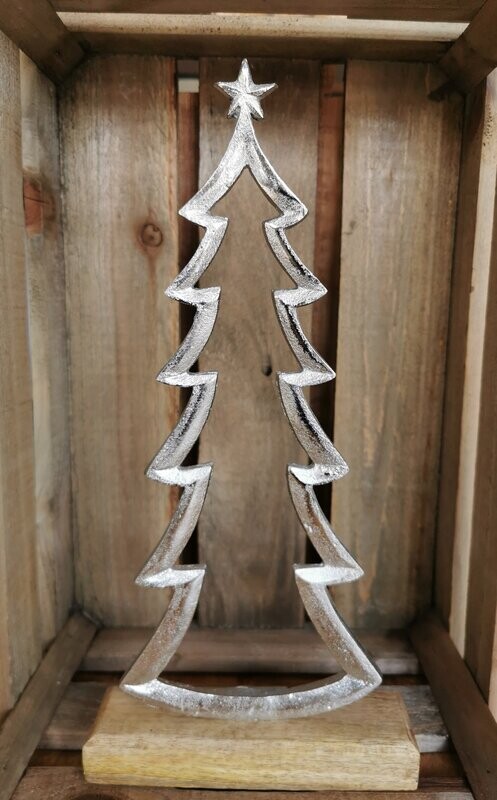 Alu Tannenbaum auf Holzfuß Braun Silber