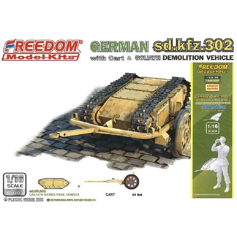 FREEDOM MODEL FM16003SP 1/16 Sd.kfz. 302 Goliath Demolition Vehicle with cart & German Soldier 1944 Observation