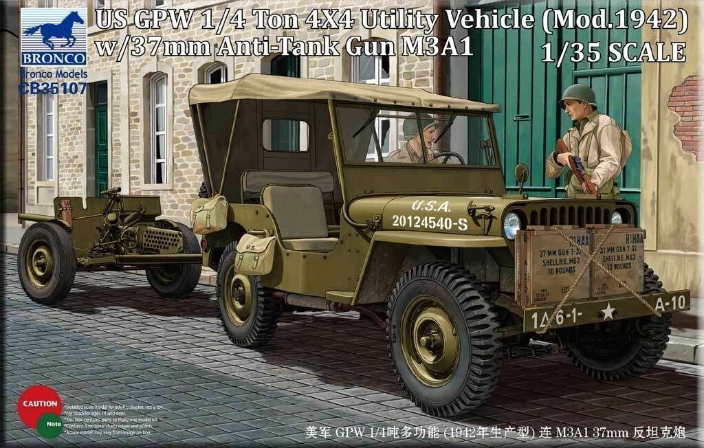 BRONCO CB35107 1/35 WW.II US Jeep 4x4 Light Utility Truck w/37mm AT Gun M3A1