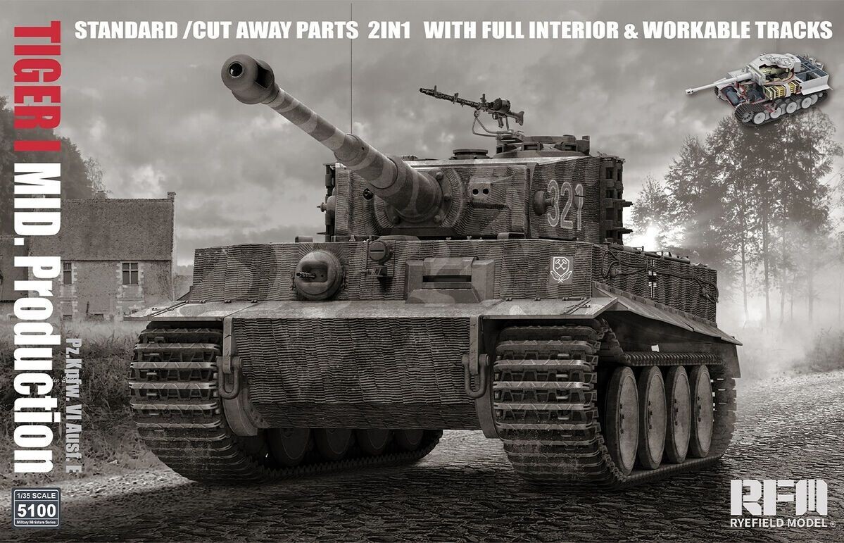 RYEFIELD RM5100 1/35 Pz.Kpfw. VI ,Ausf. E Tiger I MID. Production - Standard/Cut Away Parts 2in1 with Full Interior and Workable Tracks