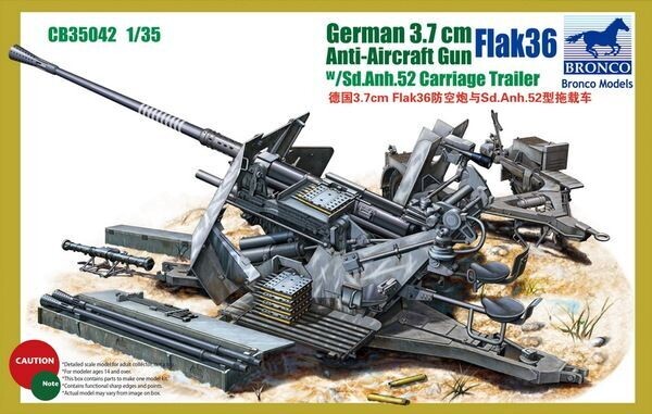 BRONCO CB35042 1/35 German Anti - aircraft 37mm gun Flak36 w/ Sd.Anh.52 Carriage trailer ( 2in1 )