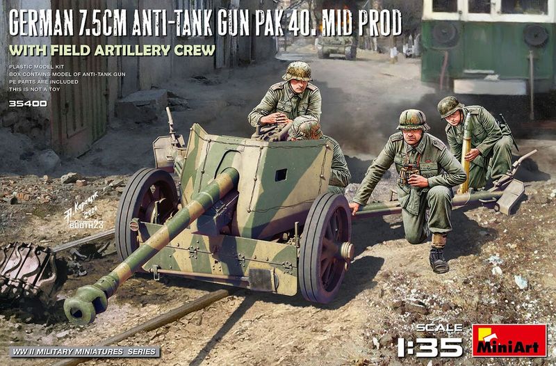 Miniart MA35400 1/35 German 7,5cm Anti-Tank Gun PaK 40, Mid Prod.w/ Field Artillery Crew