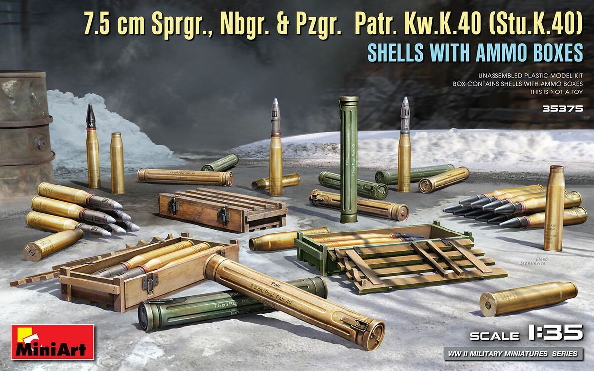 Miniart MA35375 1/35 7.5 cm Sprgr., Nbgr. & Pzgr. Patr. Kw.K.40 (StuK.40) Shells w/ Ammo Box
