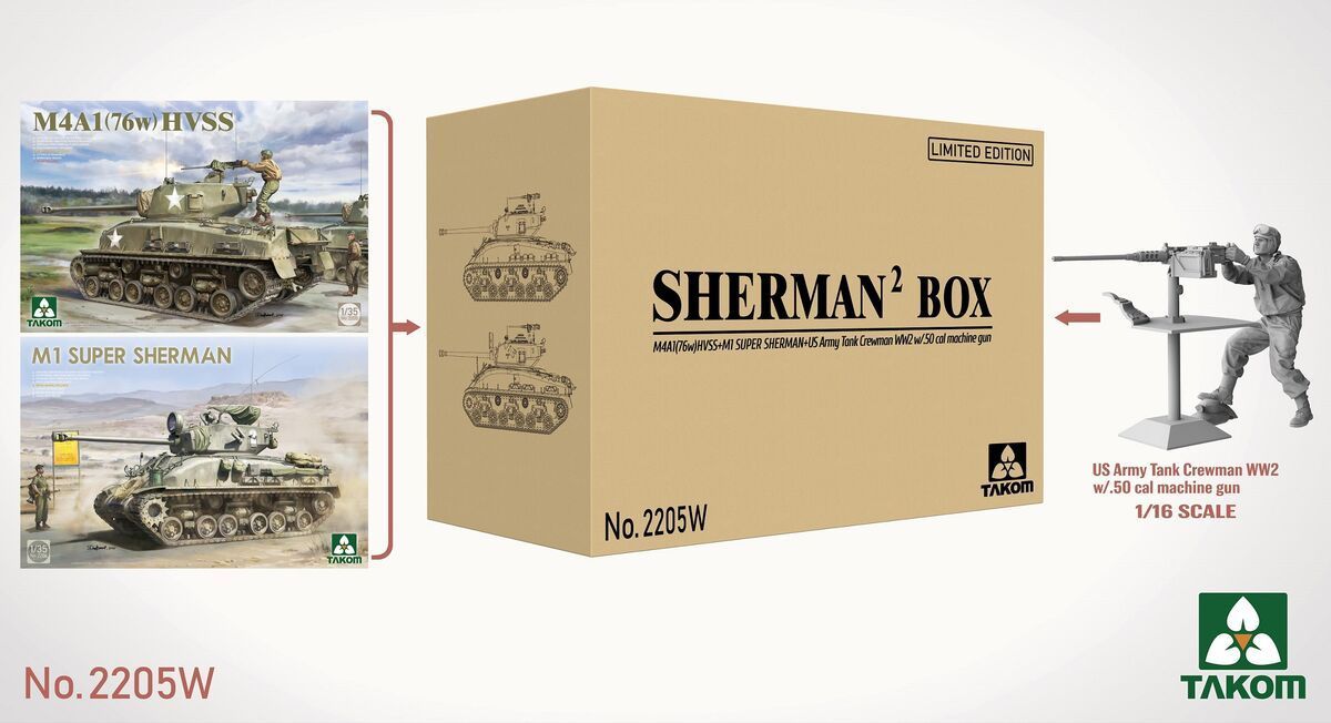 TAKOM TAK2205W 1/35 Sherman2 Box M4A1 (76w) HVSS + M1 Super Sherman + US Army Tank Crewman - Limited Edition !!