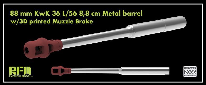 RYEFIELD RM2086 1/35 88 mm KwK 36 L/56 8,8 cm Metal Barrel with 3D Printed Muzzle Brake for Tiger I Series