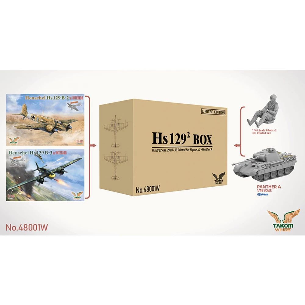 TAKOM TAK48001W 1/48 Hs 129 Box - Hs 129 B2 + Hs 129 B3 + 3D Printed Set Figures x2 + Panther A