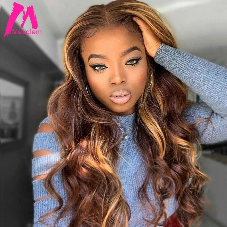 Highlight Lace Front Human Hair Wigs Honey Blonde Body Wave Wig Brazilian Ombre Brown Remy Pre Plucked 13x1 Lace Part