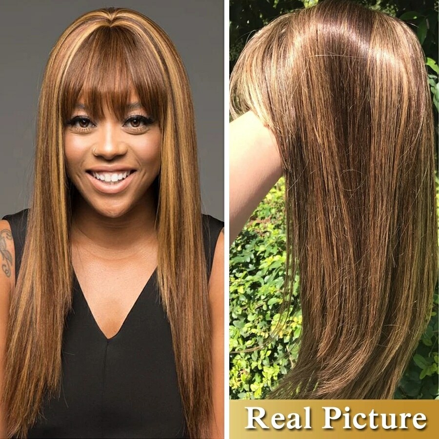 Ombre Human Hair Wig P4-27 Colored Straight Human Hair Wig With Bangs Brazilian Human Hair Wig