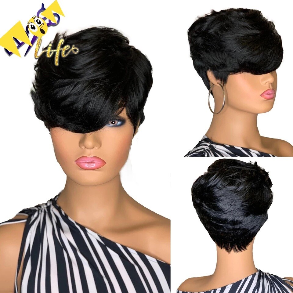 Pixie Cut Short Wigs For Black Women Full Machine Made No Lace Front Brazilian Remy Human Hair Wigs With Bangs Short Bob Wigs