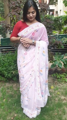 Light Pink Party Wear Lucknow Chikankari Saree