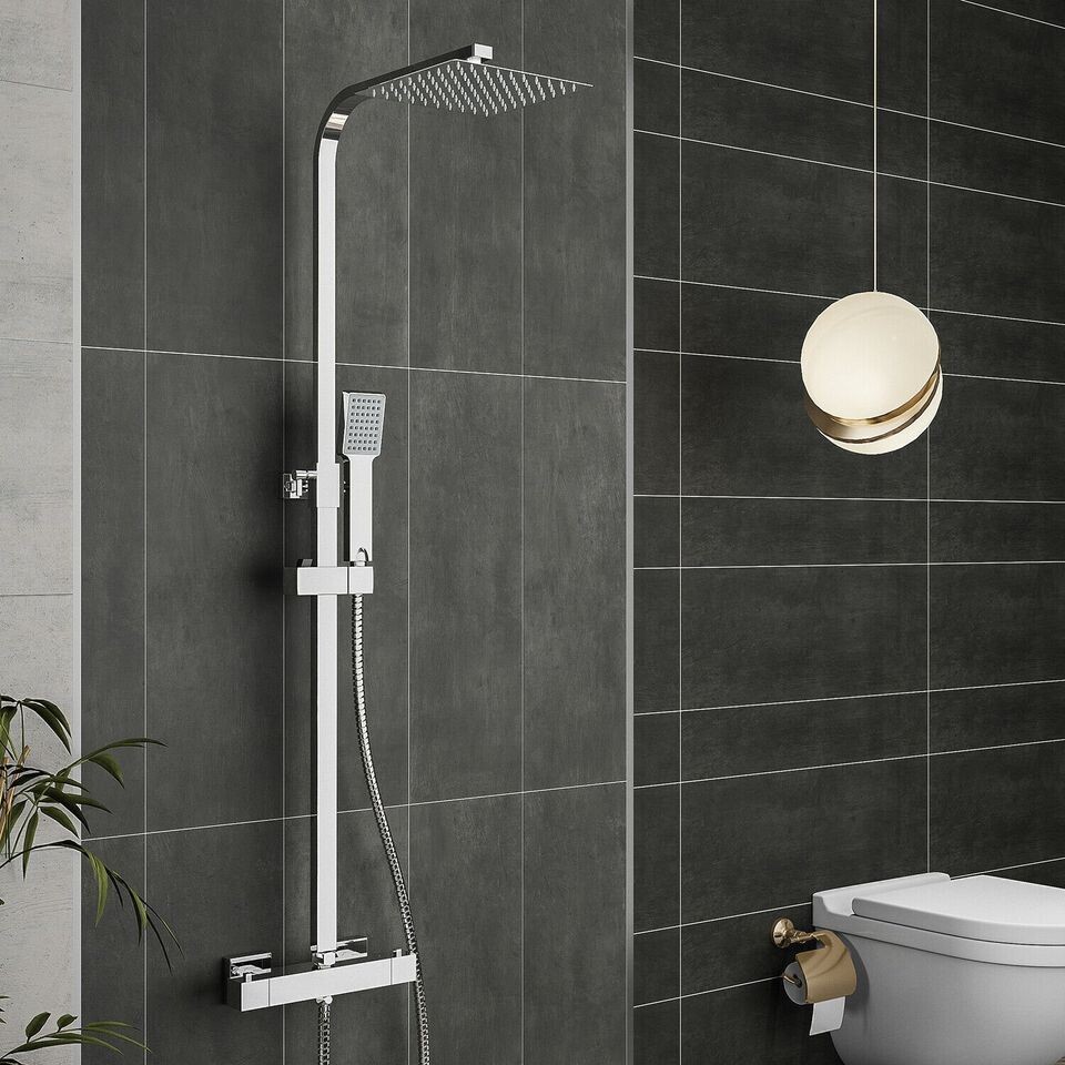 Bathroom Thermostatic Exposed Shower Mixer Twin head Large Square Bar Set Chrome-FREE&amp;FAST DELİVERY
