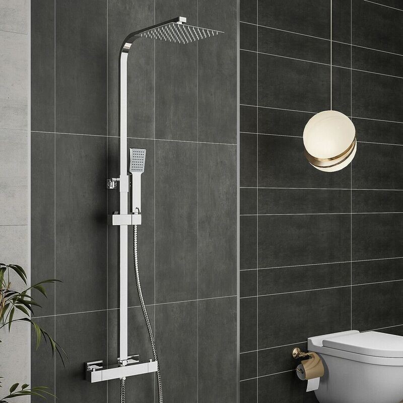 Bathroom Thermostatic Exposed Shower Mixer Twin head Large Square Bar Set Chrome-FREE&amp;FAST DELİVERY