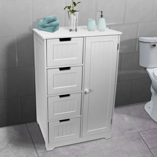 Bathroom 4-Drawer + Door Cabinet Bedroom Nursery Storage Dresser Cupboard White-FREE&amp;FAST DELİVERY