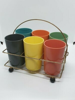 Retro Vintage Kingsley Ware Perma Glass Cups in Carry Basket