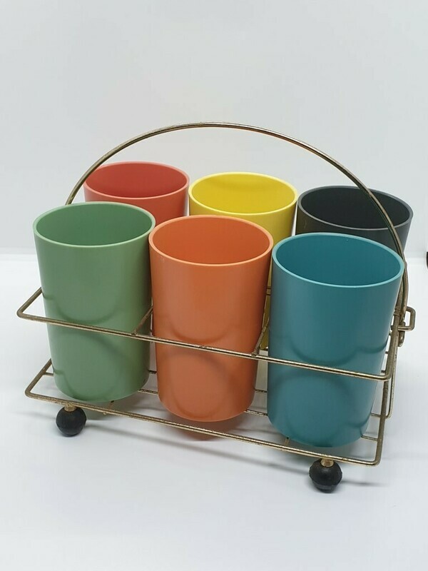 Retro Vintage Kingsley Ware Perma Glass Cups in Carry Basket
