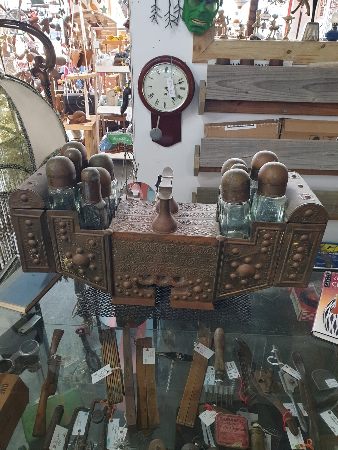 ANTIQUE TURKISH SHOE SHINE BOX INCLUDING 11 BOTTLES
