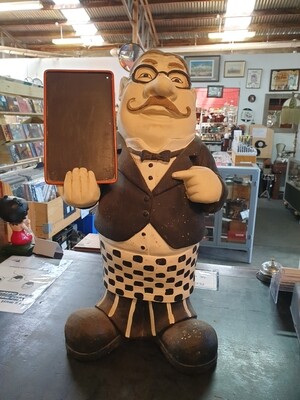 LARGE CERAMIC WAITER STATUE WITH SIGN