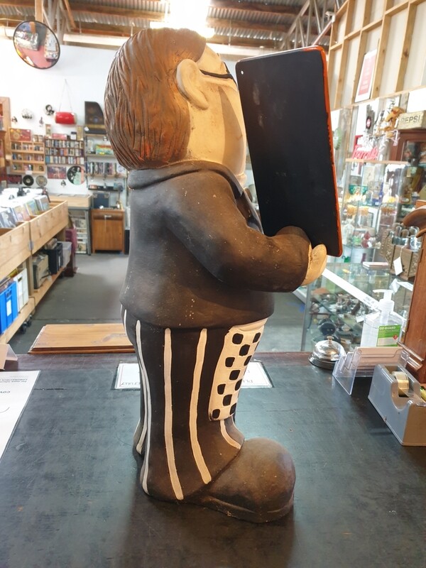 LARGE CERAMIC WAITER STATUE WITH SIGN
