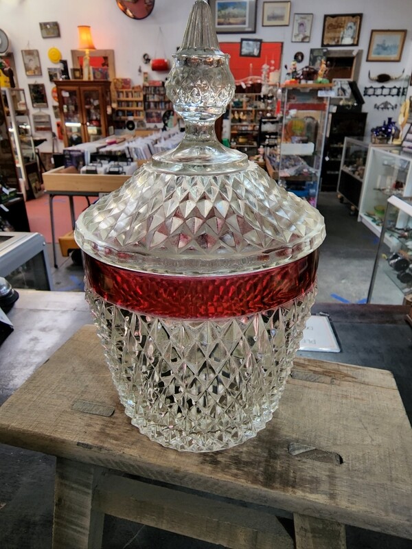 VINTAGE RUBY RED STAINED GLASS BISCUIT JAR