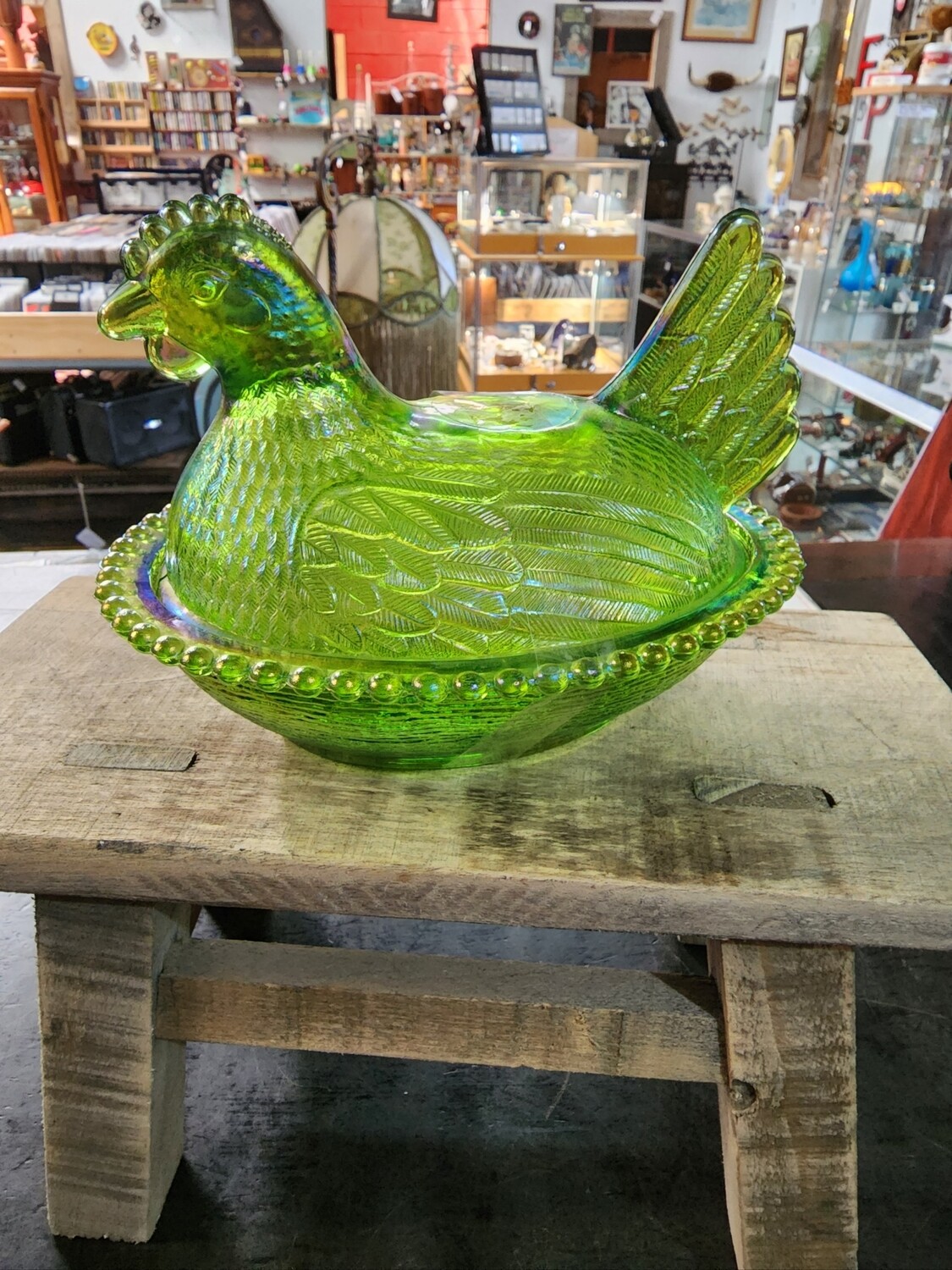 INDIANA CARNIVAL GLASS GREEN HEN ON NEST CANDY DISH Store The Funky Pickers Shed Vinyl