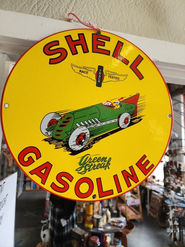 SHELL GASOLINE GREEN STREAK ENAMEL SIGN