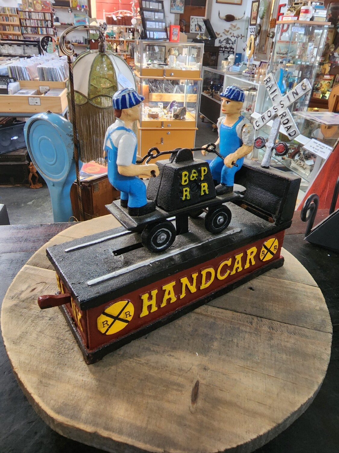 HANDCAR CAST IRON MECHANICAL MONEY BANK
