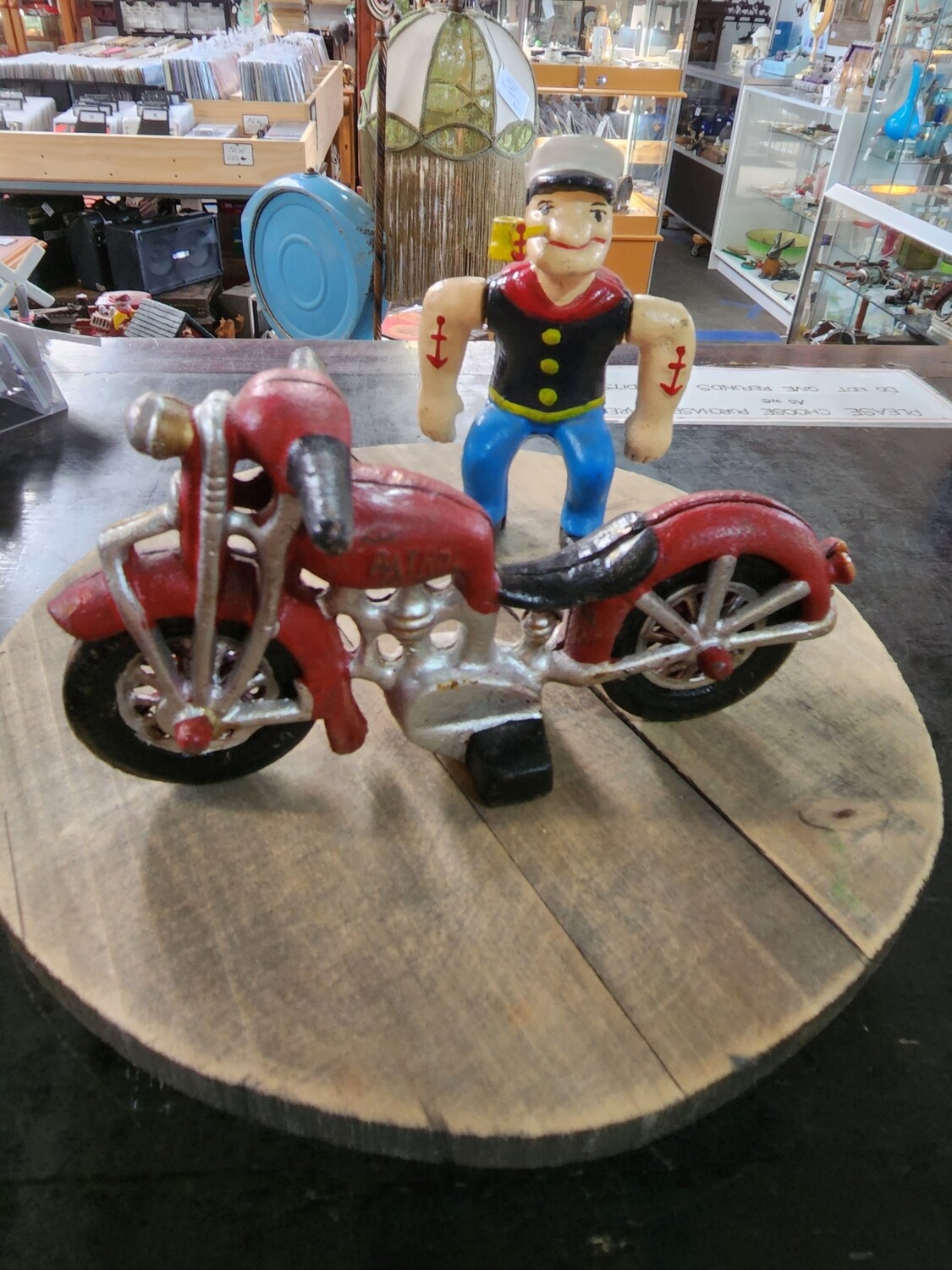 POPEYE ON MOTORBIKE CAST IRON 2 PIECE 