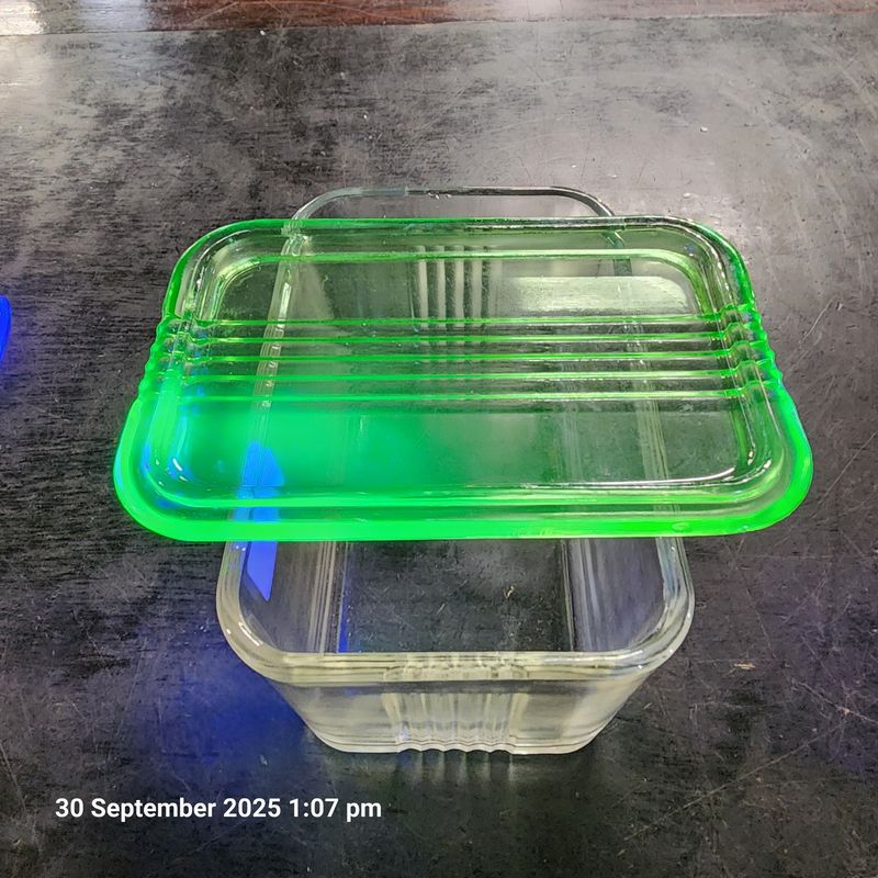 DEPRESSION GLASS BUTTER DISH WITH URANIUM GLASS LID