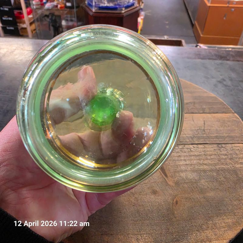 Vintage green glass gold etched decanter