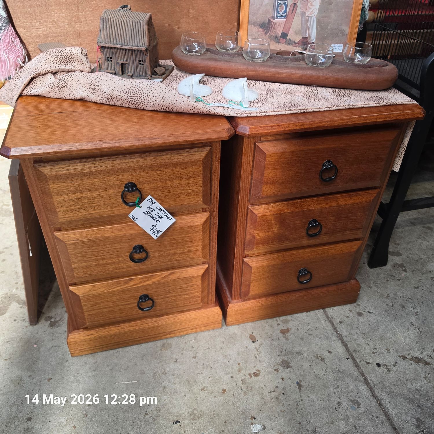 PAIR CHESTNUT TIMBER BEDSIDE DRAWERS