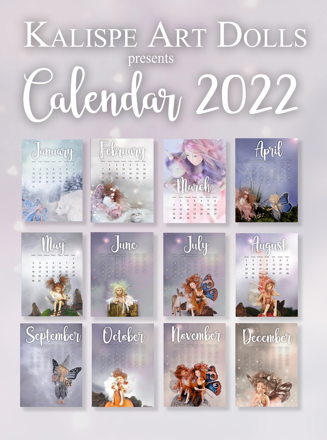 PRESALE: Monthly Calendar 2022 for instant download with fairies and dragons made by Kallispe Art Dolls, only digitalfile for download