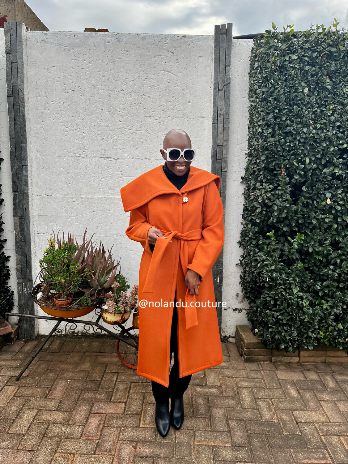 Unlined Coat With Asymmetric Oversize Collar, Side Slits, Pockets, One Button And Belt