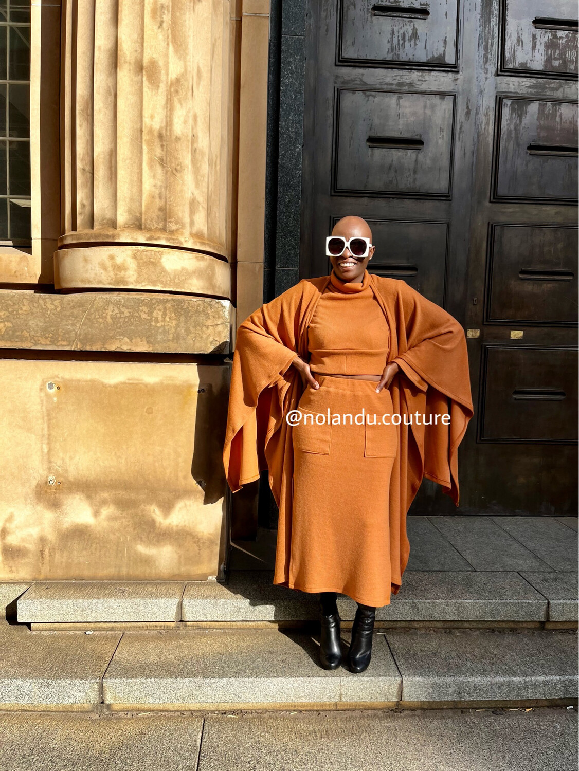 Wrap, Skirt with Elastic Waist, Side Slits &amp; Front Pockets, Long Sleeves Crop Top With Turtleneck Collar Sleeves With Flounce