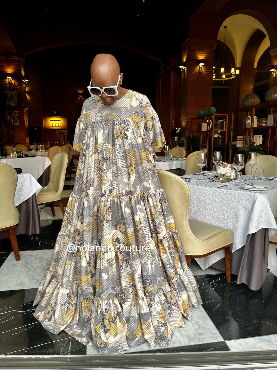 Voluminous Maxi Tier Dress With Pockets And 3 Quarter Sleeves
