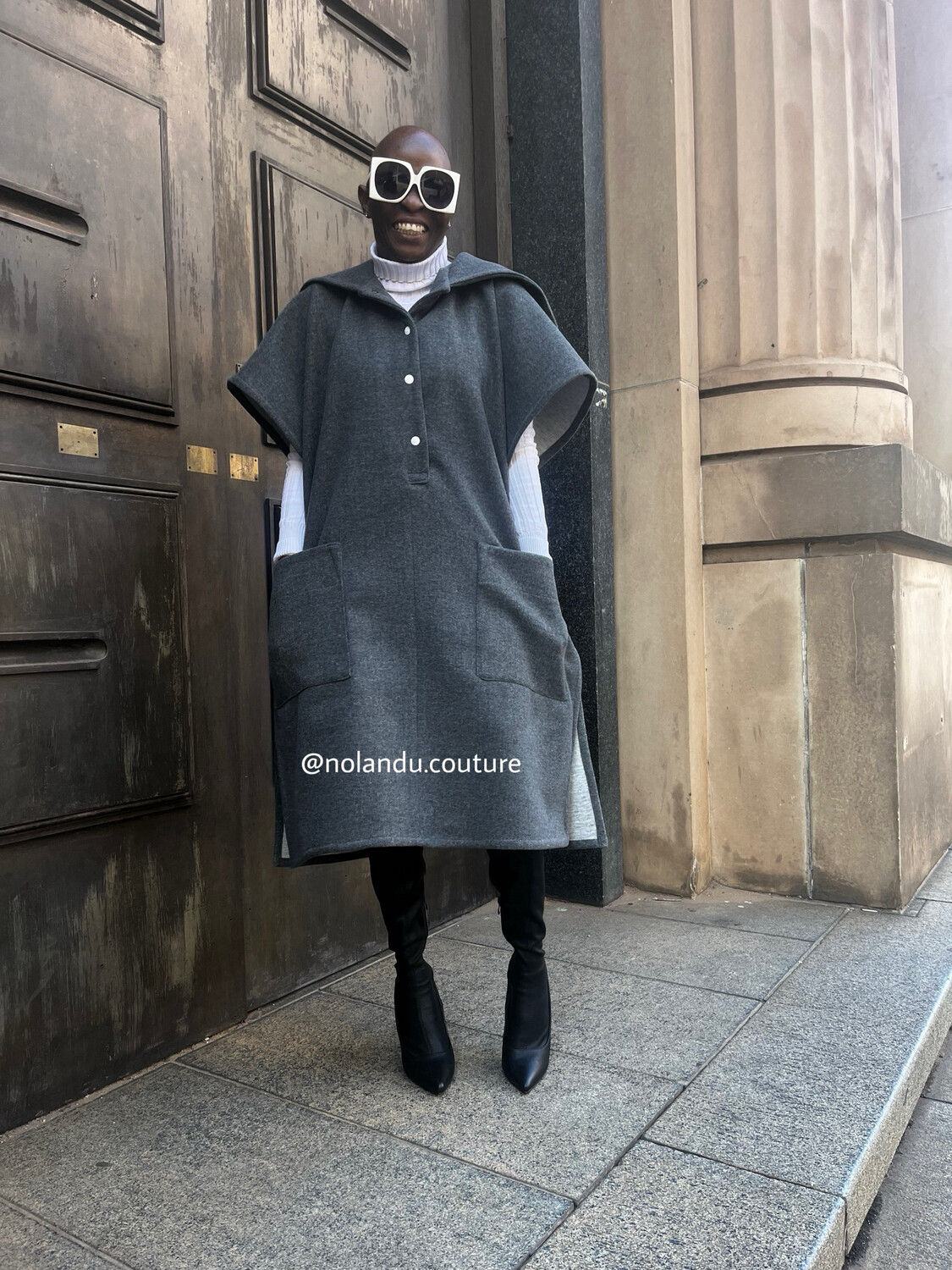 Poncho With Big Front Pockets, Big Collar And Side Press Studs