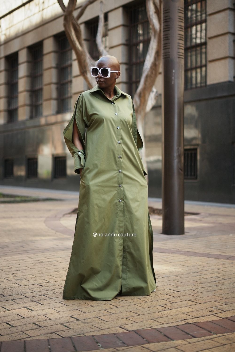 Maxi Loose Fitting Shirt Dress With Open Sleeves, Pockets And Side Slits