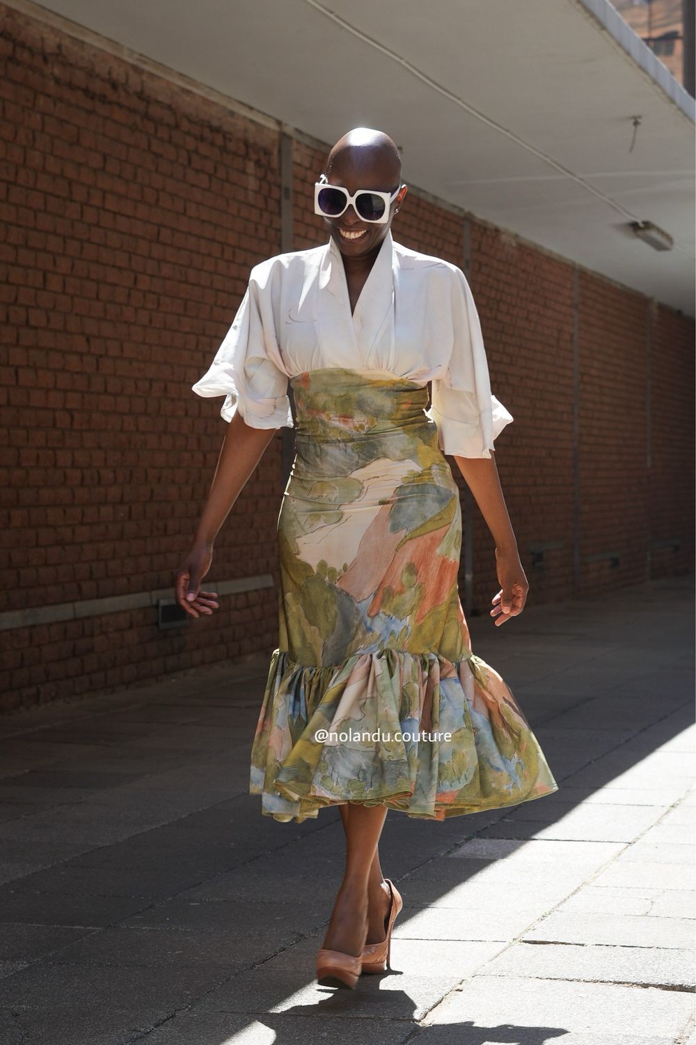 Empire Waist Dress With Shawl Collar Neckline, Side Zip And Bottom Ruffle
