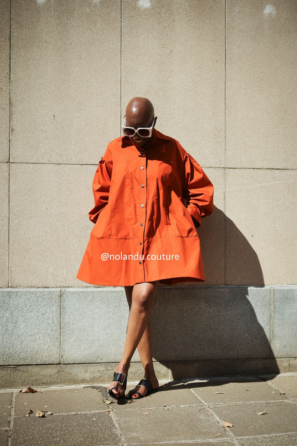 Oversized Short Shirt Dress With Pleated 3 Quarter Sleeves, Pockets And Flared Bottom