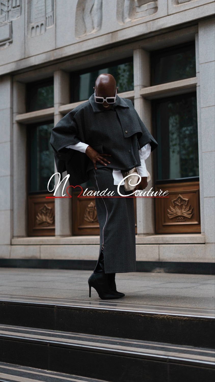 Oversized Crop Lined Cape And Pencil Skirt With Side Zip