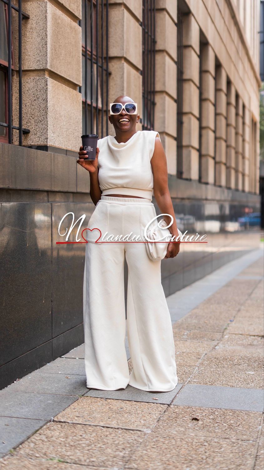 Relaxed Fit Wide Leg Pants And Pull Over Draped Top With Front Shoulder Pleats